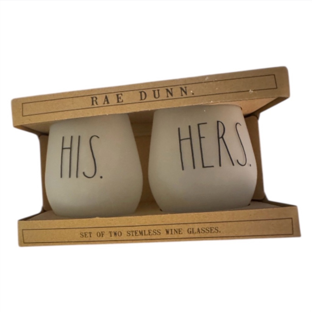 NEW IN BOX Rae Dunn “ His & Hers” set of 2 wine glasses